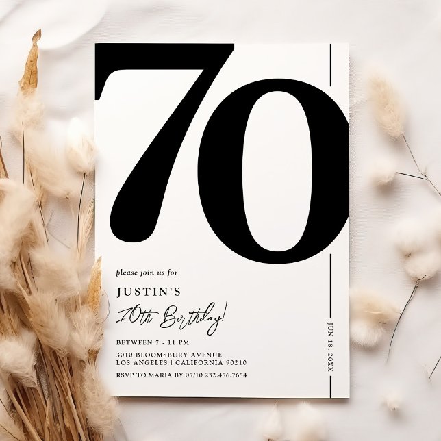 Invitación de cumpleaños 70 elegante en blanco y n (Subido por el creador)