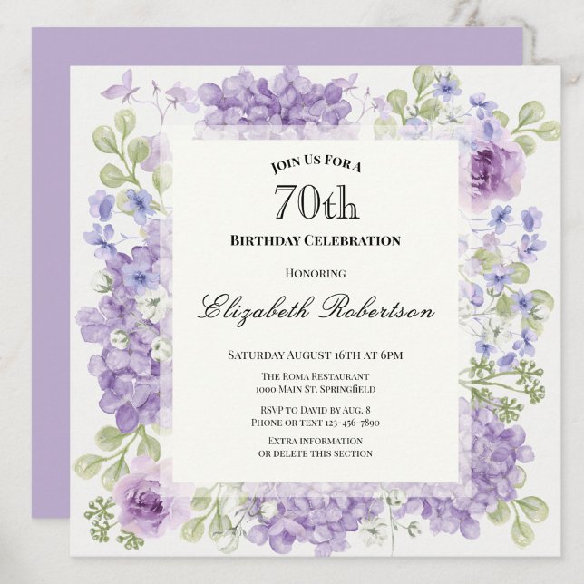 Invitación de cumpleaños 70 elegante flores púrpur (Subido por el creador)