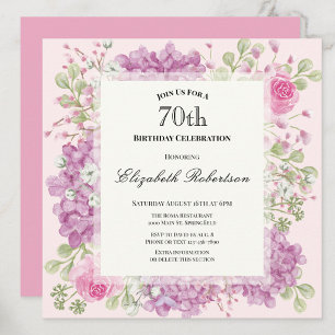Invitación de cumpleaños 70 elegante flores rosada