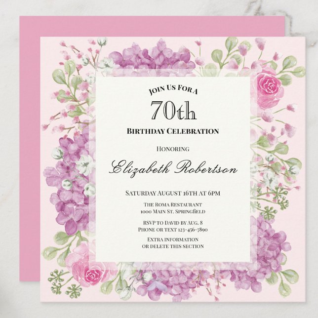 Invitación de cumpleaños 70 elegante flores rosada (Subido por el creador)