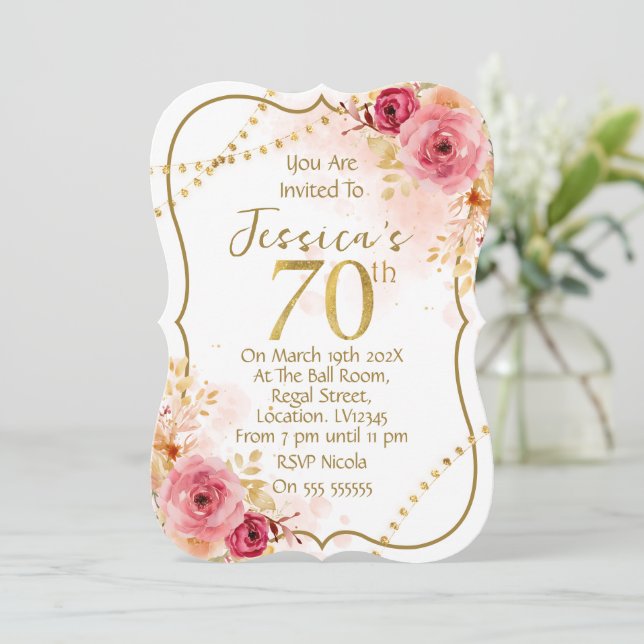 Invitación de cumpleaños 70 floral (Anverso de pie)