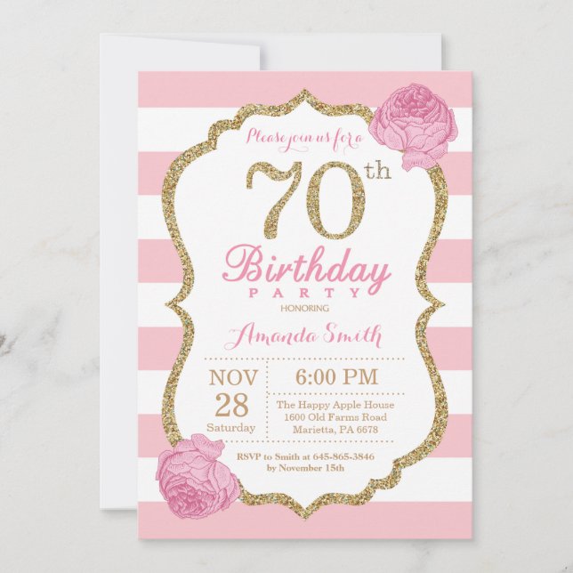 Invitación de cumpleaños 70 Floral rosa y dorada (Anverso)