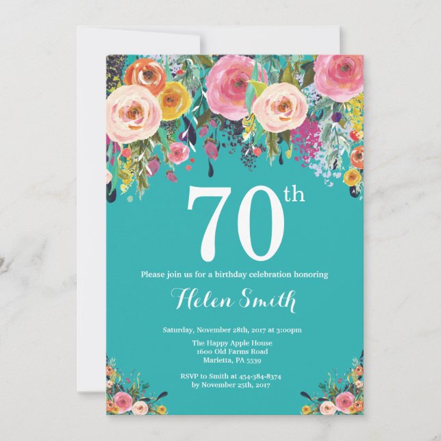Invitación de cumpleaños 70 Floral Verde Teal (Anverso)