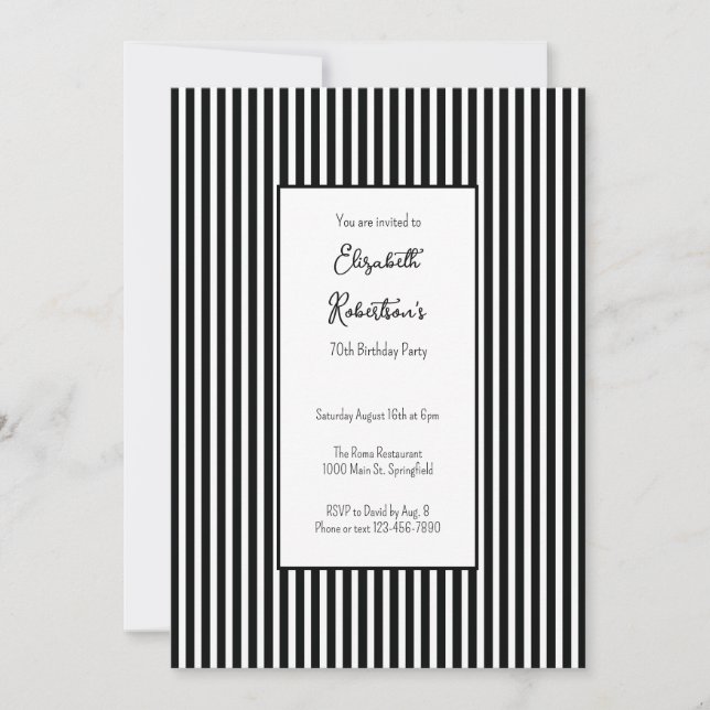 Invitación de cumpleaños 70 Minimalista con Rayas  (Anverso)