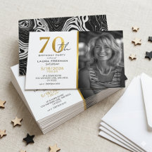 Invitación de cumpleaños 70 moderna en negro y dor