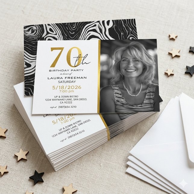 Invitación de cumpleaños 70 moderna en negro y dor (Subido por el creador)