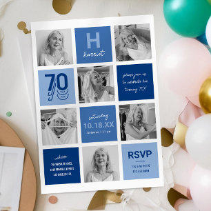 Invitación de cumpleaños 70 moderno con foto azul