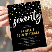 Invitación de cumpleaños 70 negro con confeti dora
