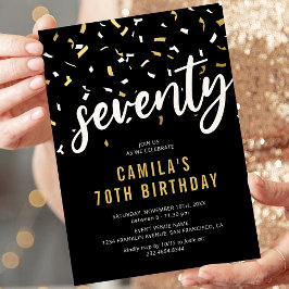 Invitación de cumpleaños 70 negro con confeti dora