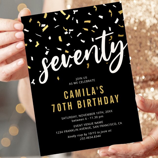 Invitación de cumpleaños 70 negro con confeti dora (Subido por el creador)