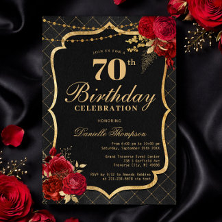 Invitación de cumpleaños 70 negro, rojo y dorado