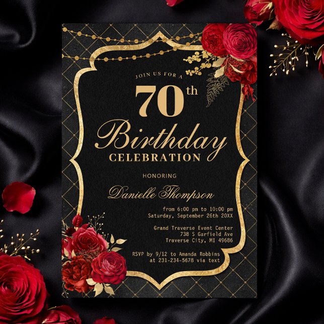 Invitación de cumpleaños 70 negro, rojo y dorado (Black, Red & Gold 70th Birthday Invitation with Roses)