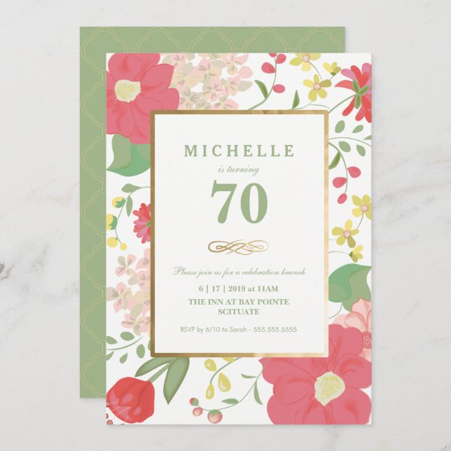 Invitación de cumpleaños 70 - Oro, floral elegante (Anverso / Reverso)