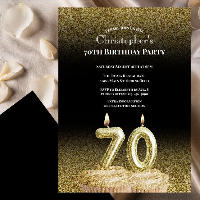 Invitación de cumpleaños 70 para él en negro y dor (Subido por el creador)