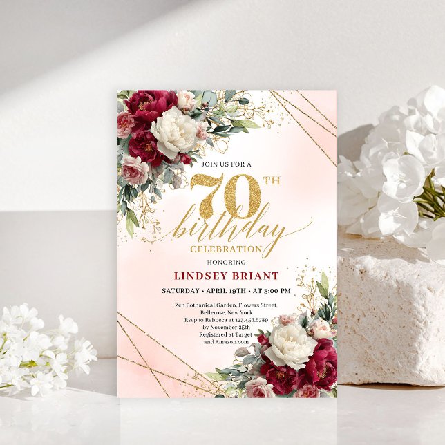 Invitación de cumpleaños 70 Romántica Floral Dorad (Romantic Floral Gold 70th Birthday Invitation)