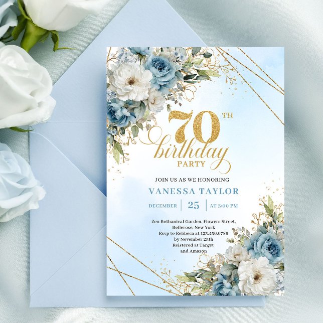 Invitación de cumpleaños 70 Romántico Dusty Blue (Romantic Dusty Blue 70th Birthday Invite)