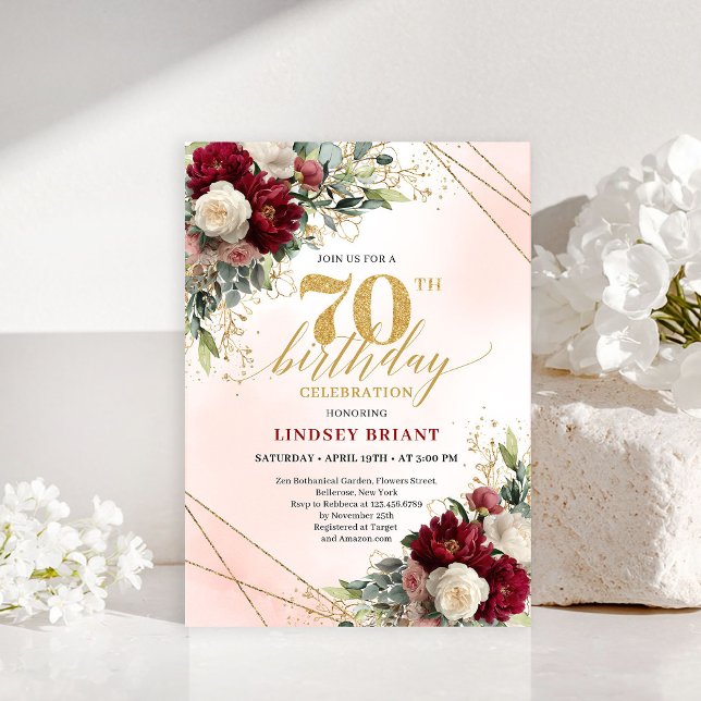 Invitación de cumpleaños 70 Rústica Boho Borgoña F (Rustic Boho Burgundy Floral 70th Birthday Invitation)