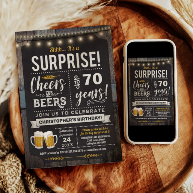 Invitación de cumpleaños 70 sorpresa Cheers and Be (Surprise Cheers and Beers 70th Birthday Invitation
)