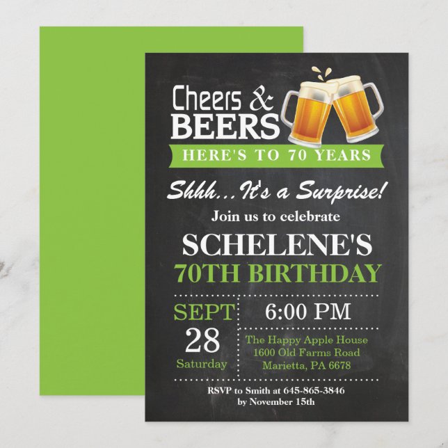Invitación de cumpleaños 70 sorpresa Cheers and Be (Anverso / Reverso)