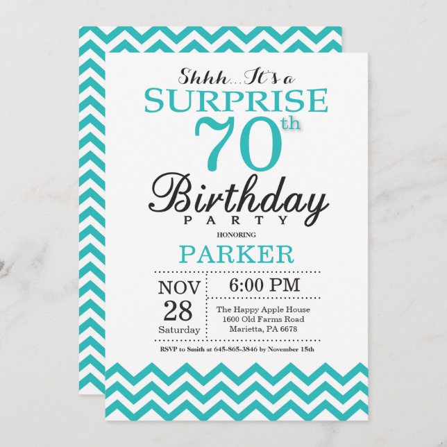 Invitación de cumpleaños 70 sorpresa Chevron teal (Anverso / Reverso)