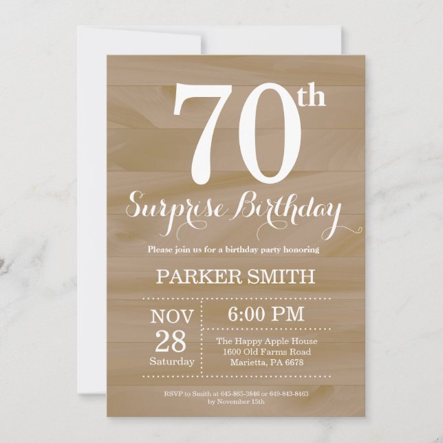 Invitación de cumpleaños 70 sorpresa rústica (Anverso)