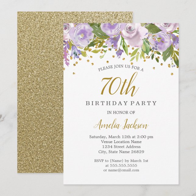 Invitación de cumpleaños 70 Sparkle Floral Purple (Anverso / Reverso)