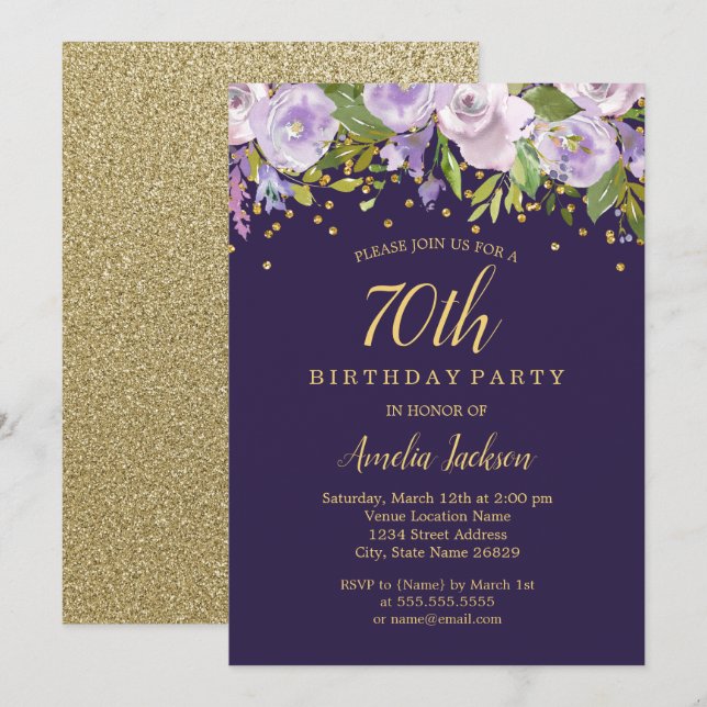 Invitación de cumpleaños 70 Sparkle Floral Purple  (Anverso / Reverso)