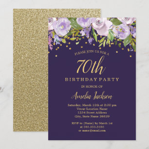 Invitación de cumpleaños 70 Sparkle Floral Purple 