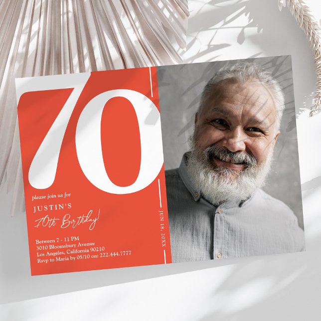 Invitación de cumpleaños 70 vibrante foto roja (Subido por el creador)