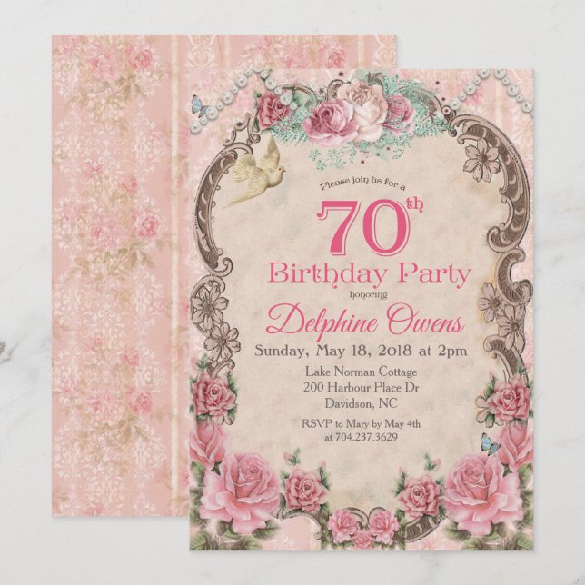 Invitación de cumpleaños 70 Vintage Floral (Anverso / Reverso)