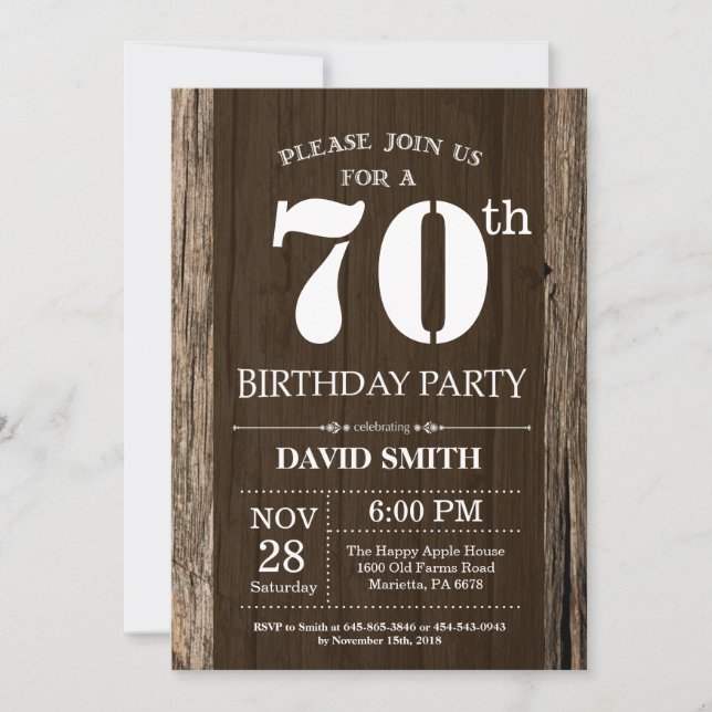 Invitación de cumpleaños 70 Wood vintage rústica (Anverso)