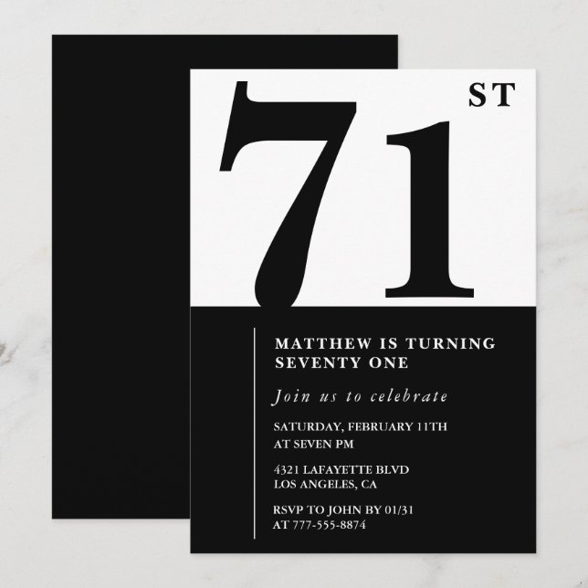 Invitación de cumpleaños 71 elegante en blanco y n (Anverso / Reverso)