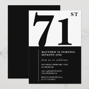 Invitación de cumpleaños 71 elegante en blanco y n