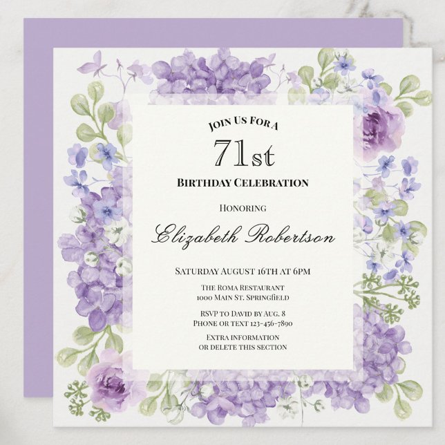 Invitación de cumpleaños 71 elegante flores púrpur (Subido por el creador)