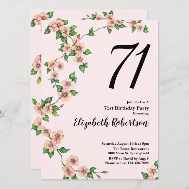 Invitación de cumpleaños 71 floral en rosa Rubor (Anverso / Reverso)