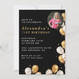 Invitación de cumpleaños 71 negro Globo dorado Fot