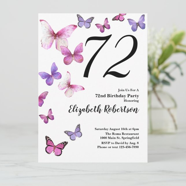 Invitación de cumpleaños 72 a la mariposa en rosa/ (Anverso de pie)