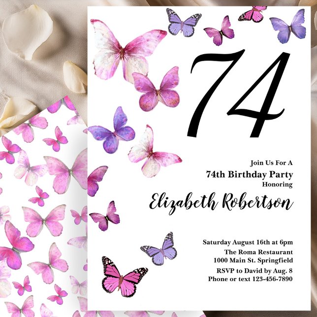 Invitación de cumpleaños 74ª mariposa en rosa/mora (Subido por el creador)