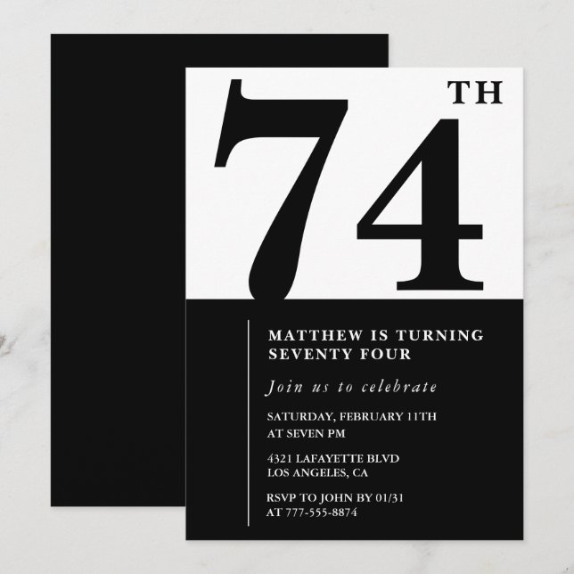Invitación de cumpleaños 74 elegante en blanco y n (Anverso / Reverso)