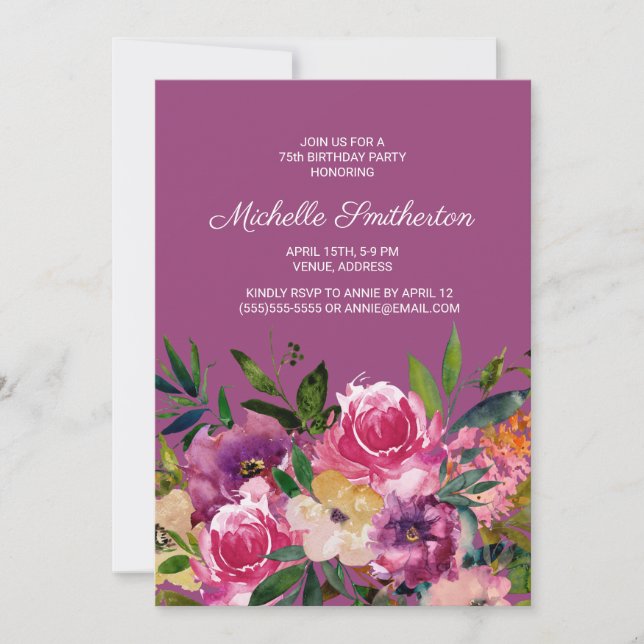 Invitación de cumpleaños 75ª floral amarillo morad (Anverso)