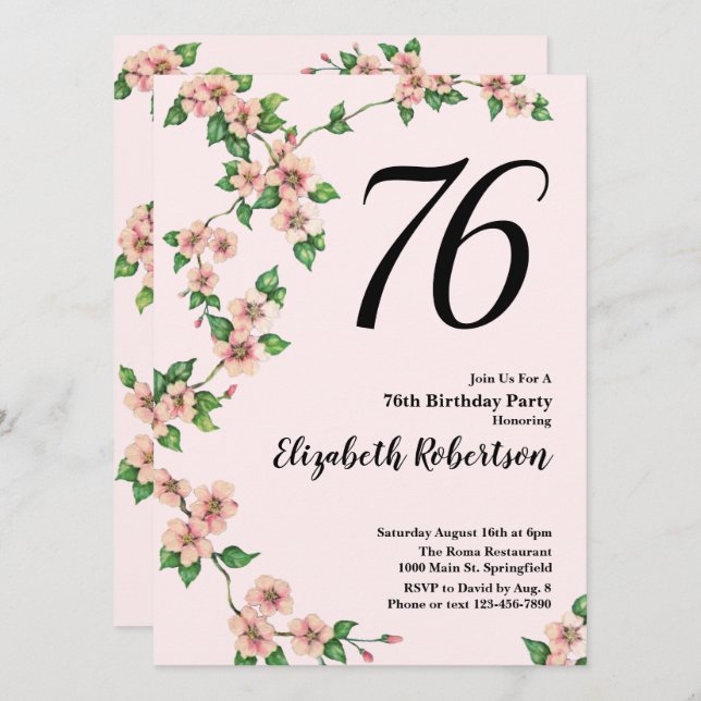 Invitación de cumpleaños 76ª floral en rosa Rubor (Anverso / Reverso)