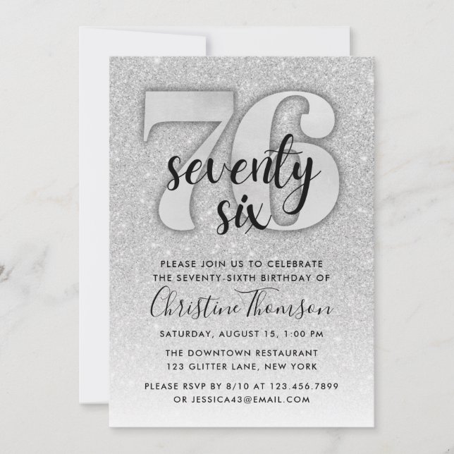 Invitación de cumpleaños 76 de Silver Purpurina (Anverso)