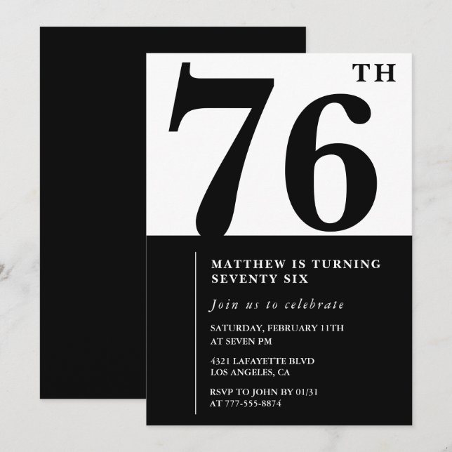 Invitación de cumpleaños 76 elegante en blanco y n (Anverso / Reverso)