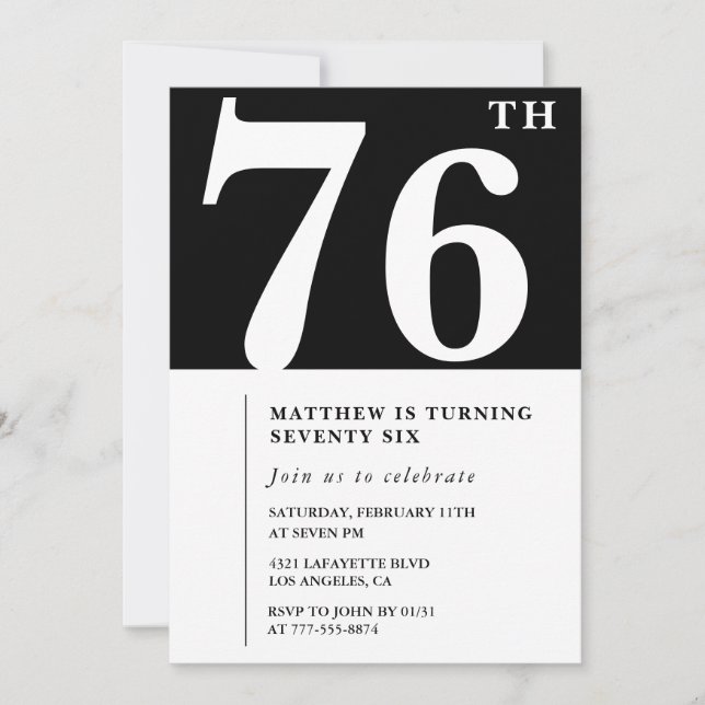 Invitación de cumpleaños 76 elegante en blanco y n (Anverso)