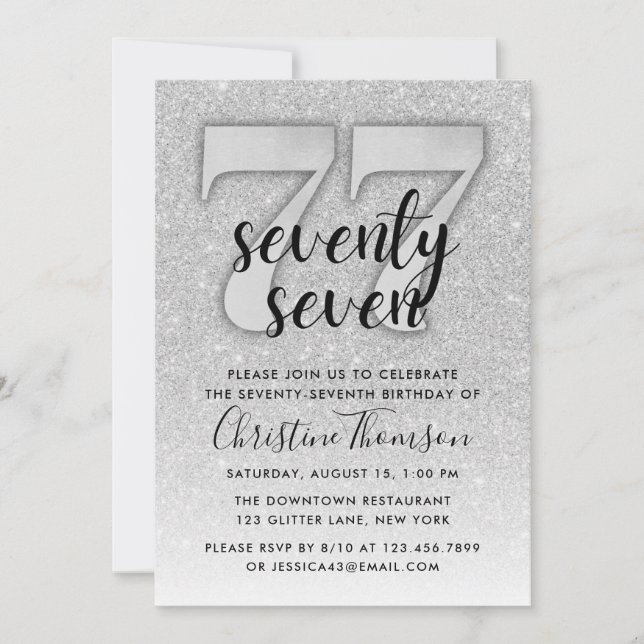 Invitación de cumpleaños 77 de Silver Purpurina (Anverso)