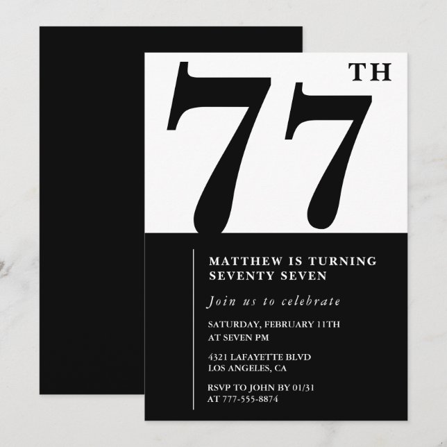 Invitación de cumpleaños 77 elegante en negro y bl (Anverso / Reverso)