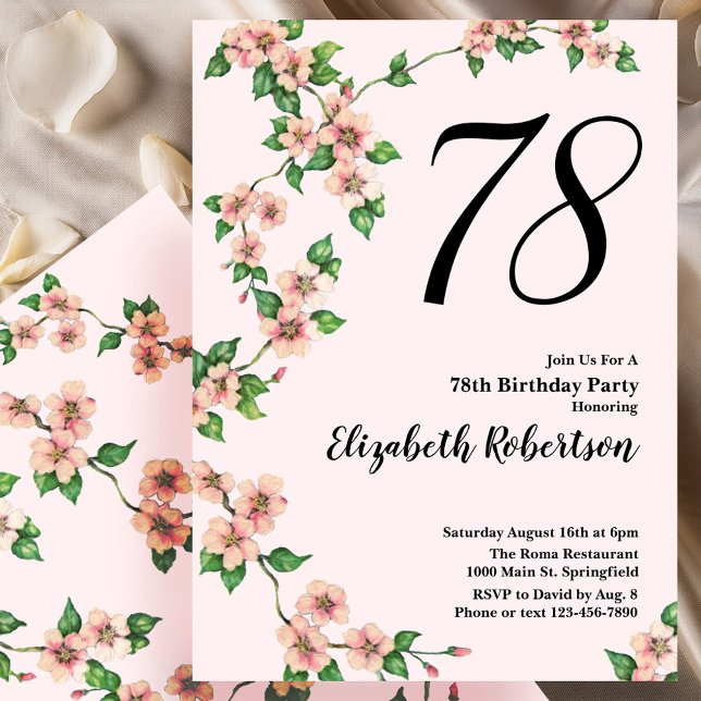 Invitación de cumpleaños 78 con flores en rosa Rub (Subido por el creador)