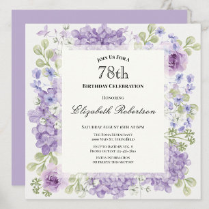 Invitación de cumpleaños 78 elegante flores púrpur