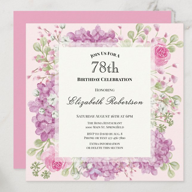 Invitación de cumpleaños 78 elegante flores rosada (Subido por el creador)