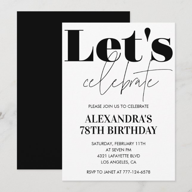 Invitación de cumpleaños 78 negro y blanco Moderna (Anverso / Reverso)